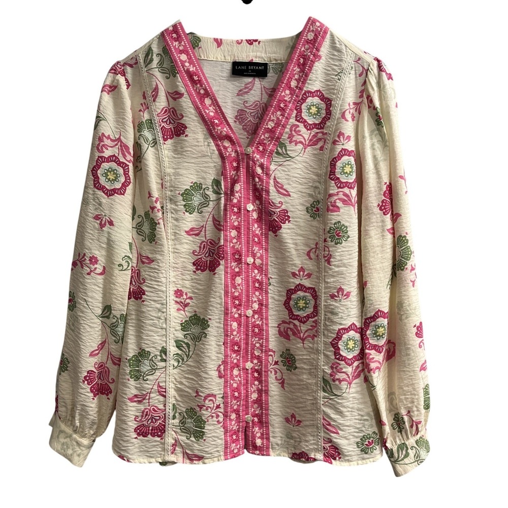 Lane Bryant Top Pink Floral Button Down Blouse Size 20 Lace Trim Spring Easter